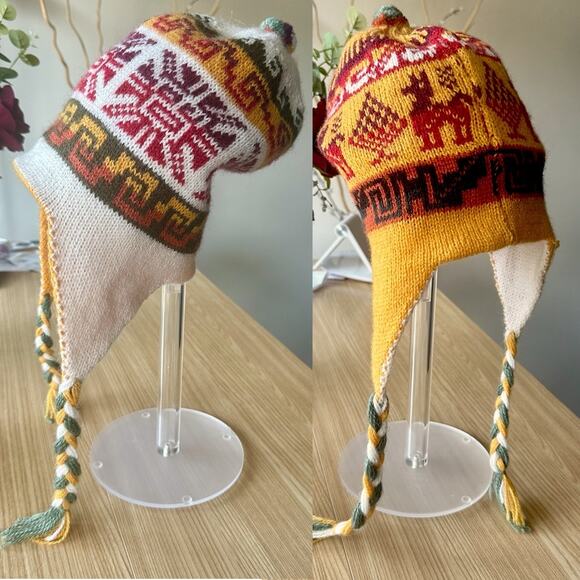 PERU Cusco Llama Reversible Wool Alpaca Knitted Beanie Tassel Inca Maya Aztec - Picture 1 of 15
